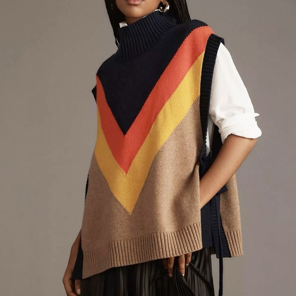 Maeve Anthropologie Varsity Stripe Sweater Vest Poncho Side Tie Colorblock M/L